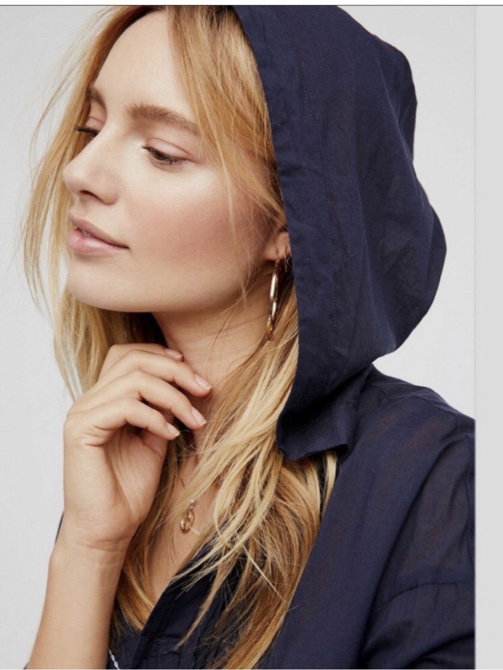 Free People Breezy Navy Hooded Button-Front Blouse - Picture 3 of 12
